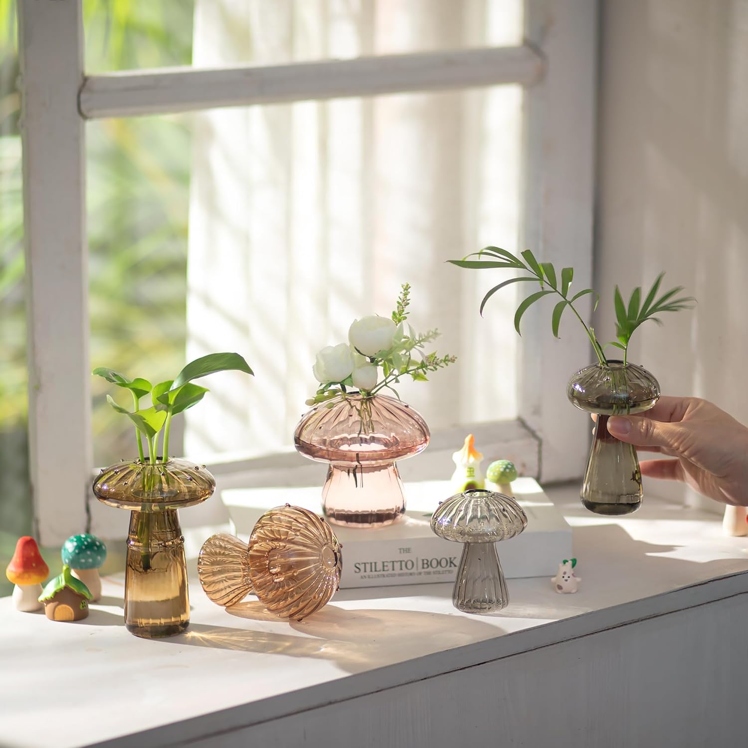 Glasseam Mushroom Glass Planter for Plants: Set of 5 Handmade Plant Propagation Stations - Fall Colored Small Hydroponic Terrarium Jars for Home Decor for Plant Lovers