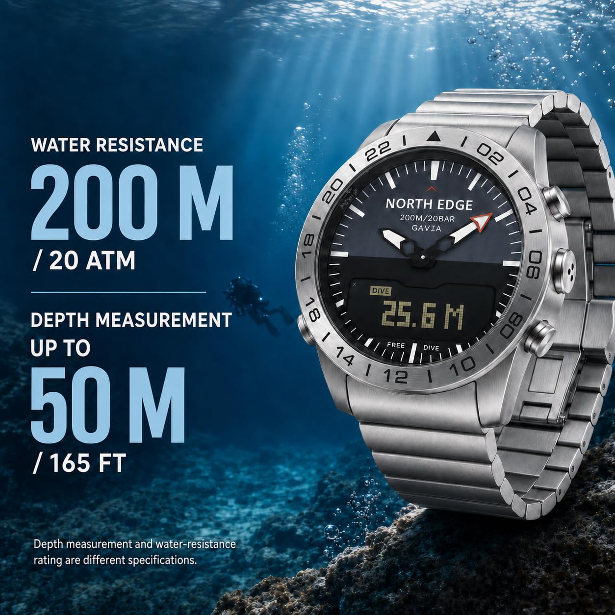 NORTH EDGE GAVIA Reloj de Aviador Relojes Digitales Analógicos de Acero Inoxidable de Lujo para Hombres Altímetro Brújula Deportes al Aire Libre Negocios Reloj Ocio Impermeable 200 m, Plateado