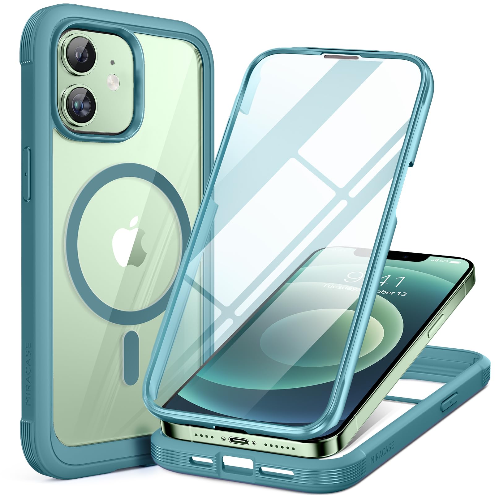 Miracase Glass Series Designed for iPhone 12/12 Pro 6.1 Inch, Upgrade Full-Body Magnetic Case with Built-in 9H Tempered Glass Screen Protector, with Camera Lens Protector, Magnetic Green