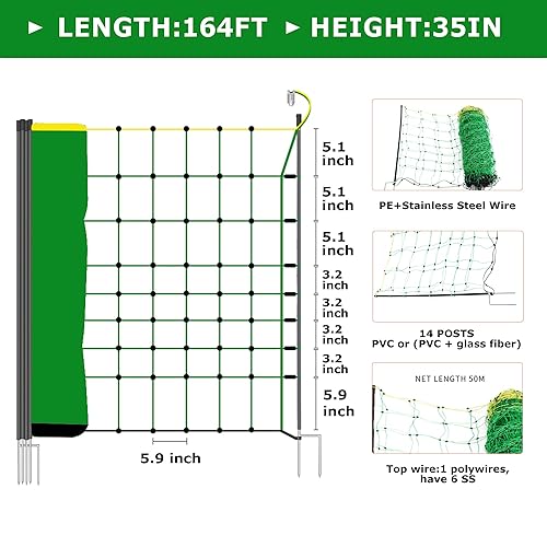 Miniatura 22 de Red eléctrica para valla eléctrica, 49.6 pulgadas de alto x 164 pies de largo, redes portátiles de malla para cerdo, perros, ciervos, cabras
