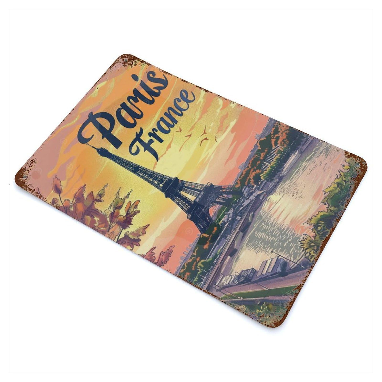 Vintage Rust Metal Sign with Eiffel Tower Paris France Design 11.8"x7.9", for Garage, Bar And Workshop Decor, Retro Wall Decor