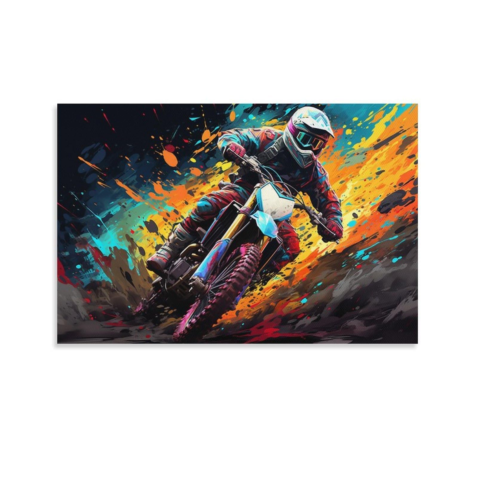 CPLVKWRQJ Bright Magical Colorful Single Dirt Bike Rider Explosion Art Canvas Wall Art - Housewarming Gift Living Room Focal Point Ready to Hang Decor 20x30inch(50x75cm)