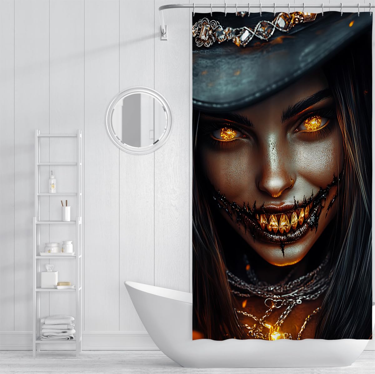 Gothic Witch Duschvorhang Gold Teeth Black Hat Badezimmer Deko 200x200cm