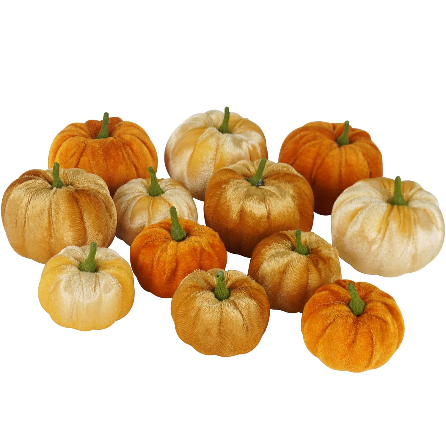 Ywlake 12 Pcs Autumn Artificial Pumpkins Assorted Sizes Fake Velet Pumpkins Orange Brown Beige Foam Pumpkins for Fall Harvest Thanksgiving Halloween Party Holiday Decor Decoration