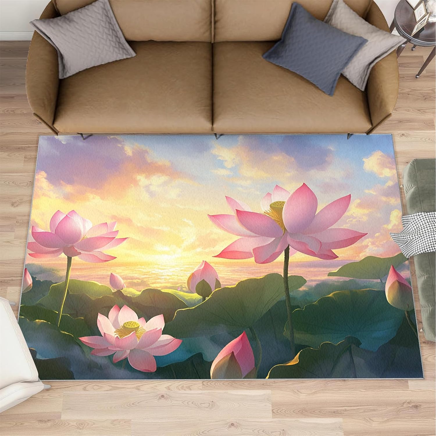 Lotus Pond Runner Rugs 2x6 - Pond Scenery Kitchen Runner Rug, Lotus Root Leaves Laundry Room Rug Non Slip for Inside Outdoor House Hallway Anti Fatigue Decor
