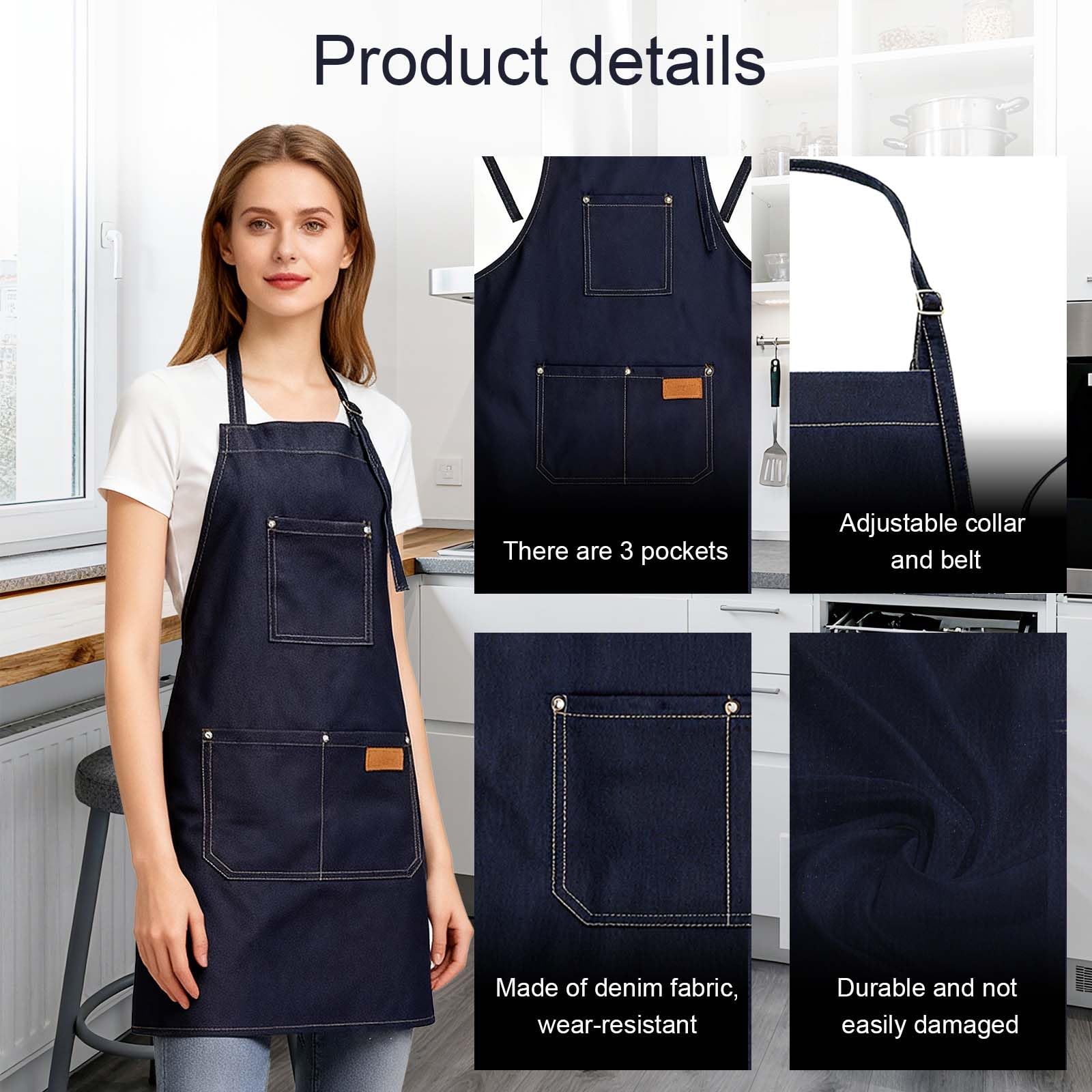 Grembiule da lavoro lungo in jeans con 3 tasche 80x60 cm, grembiule cucina giardinaggio salone artigianato unisex regolabile resistente per casa e professionisti