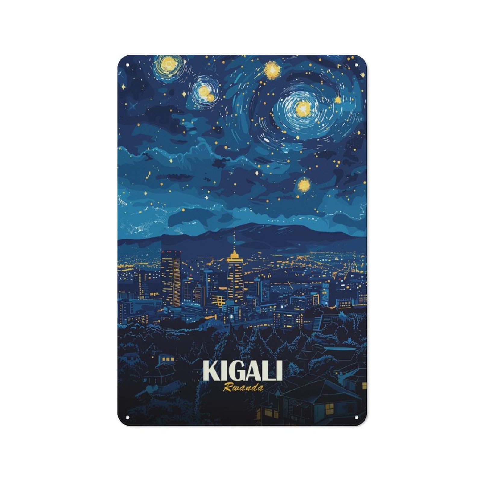 Kigali Rwanda Starry Night Cityscape Warehouse Style Metal Wall Decor 30x20cm, Metal Wall Sign for Workspace, Cafe, Hallway Or Garage
