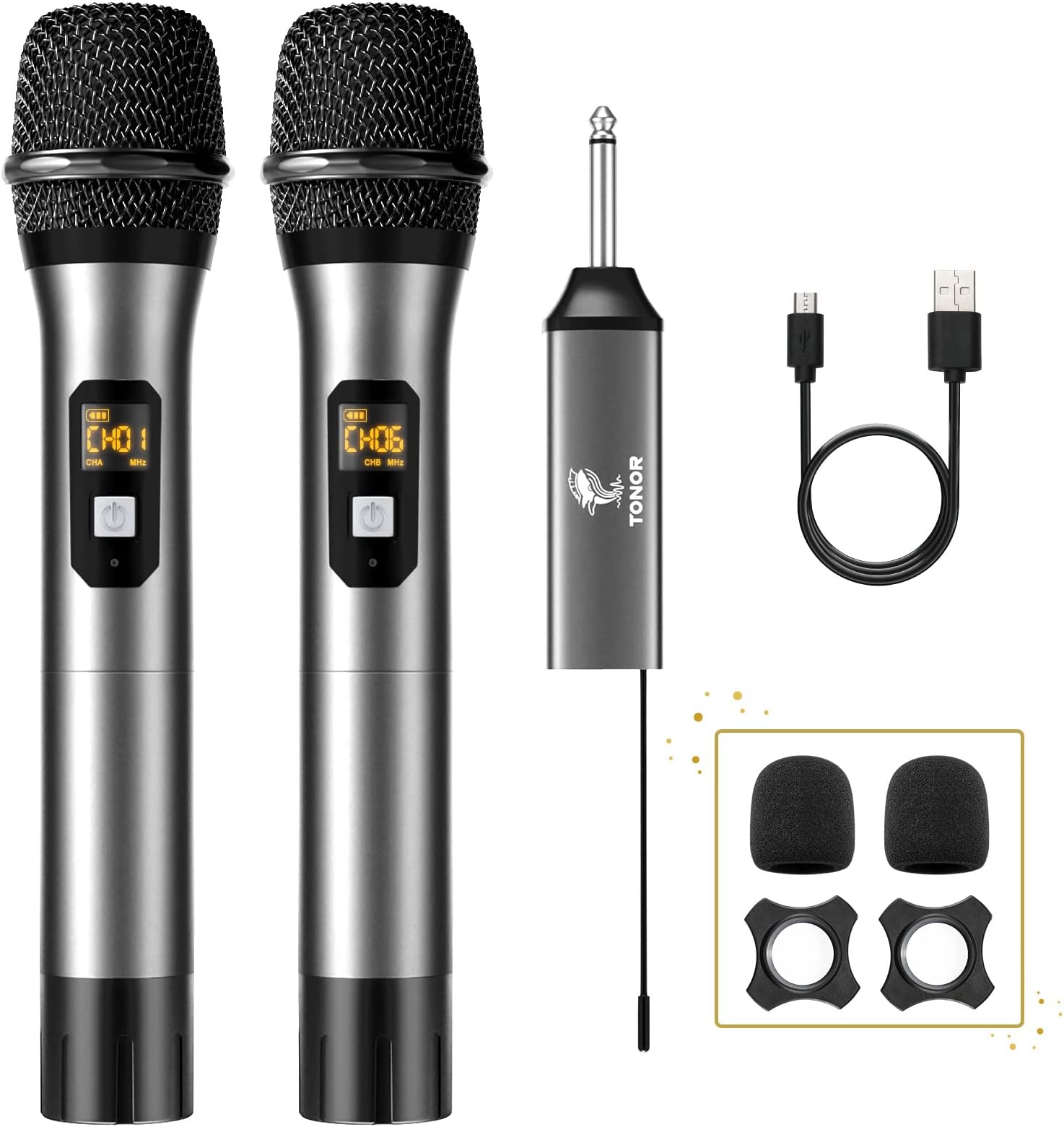 TONOR TW630 Wireless Microphone, UHF Dual Cordless Metal Dynamic Mic System with Rechargeable Receiver, for Karaoke Singing, Wedding, DJ, Party, Speech, Church, Class Use, 60 m,Silver