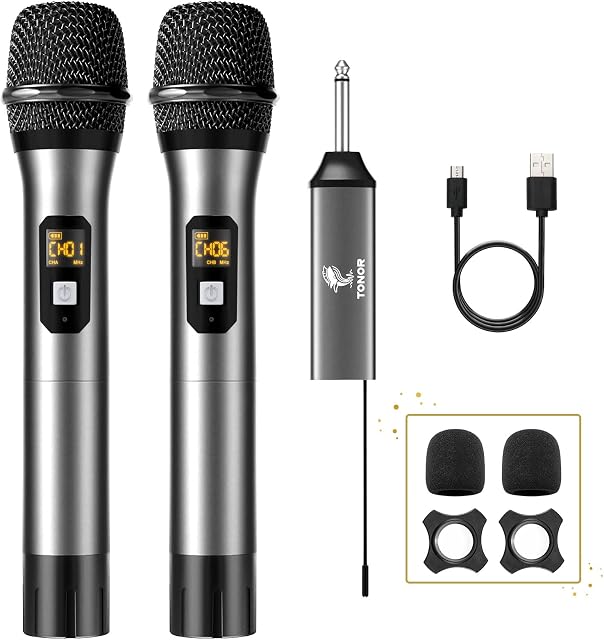 Tonor TW-630 Mikrofon bezprzewodowy UHF, podwójny, metalowy, dynamiczny system z odbiornikiem do wielokrotnego ładowania, do karaoke, na wesele, dla DJ-ów, na imprezę, do kościoła, 60 m (TW630), Szary
