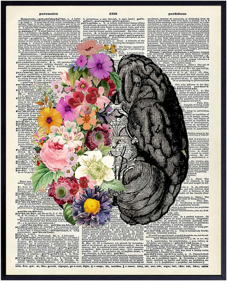 Flower Brain Dictionary Art Print - Vintage Upcycled Wall Art Poster - chic Modern Home Decor for Bedroom, Bathroom, Living Room - A Great Gift for Women and Steampunk Fans - 8x10 Photo - Unframed