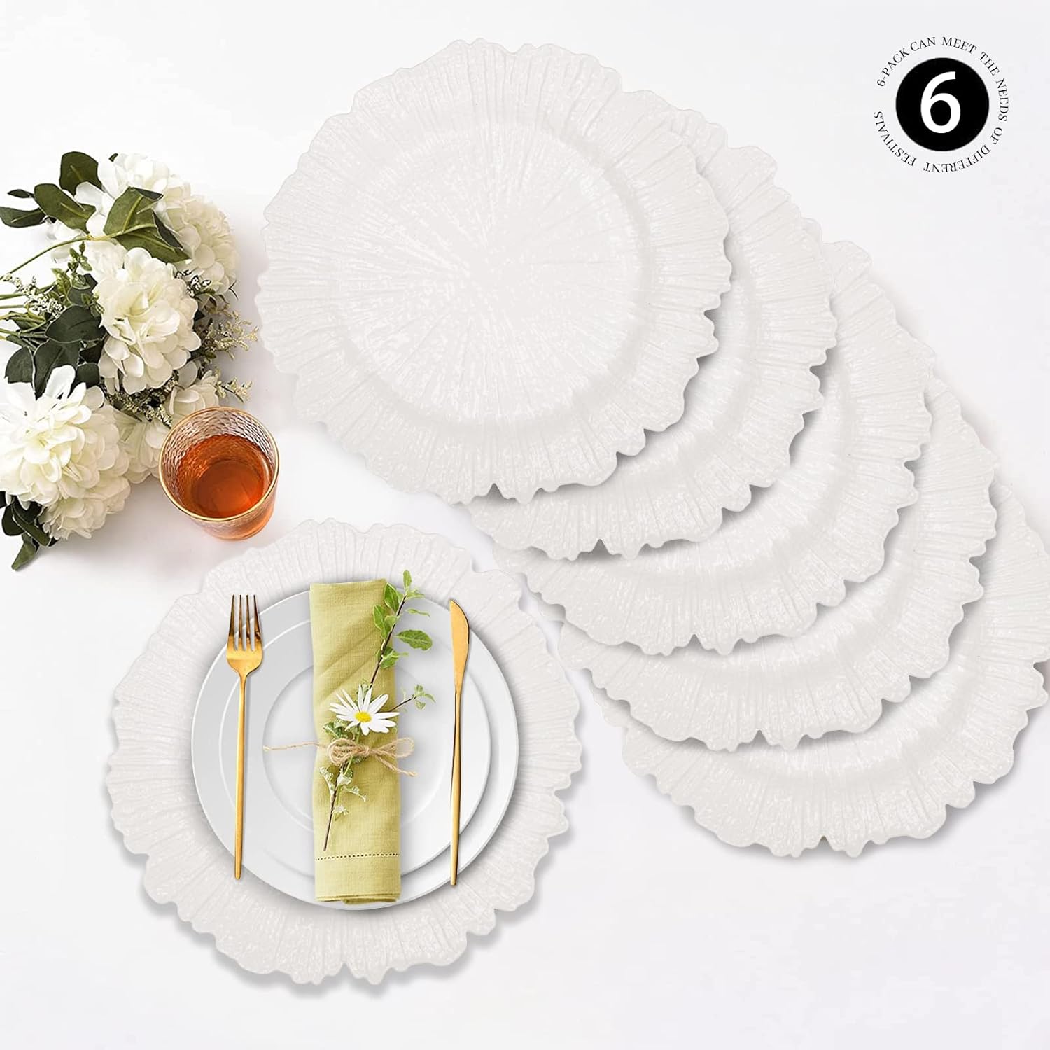 MAONAME Reef White Charger Plates, Plate Chargers for Dinner Plates, Plastic Plate Chargers for Wedding Decor, Thanksgiving, Christmas, Set of 6