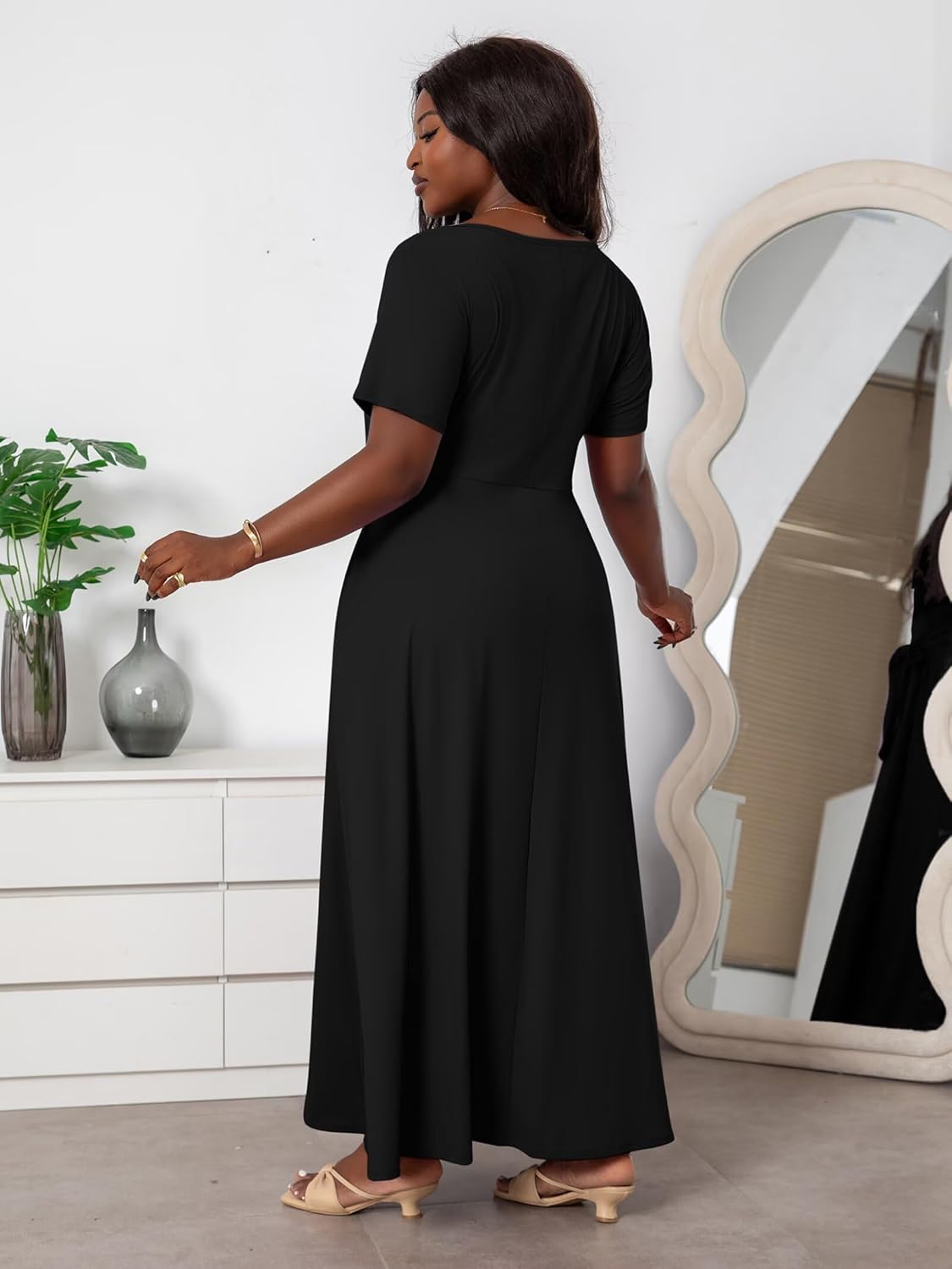 Plus Size Dresses for Curvy Women Soft Comfy Stretchy Short Sleeve High Waist Self Tie Flowy Pleated Maxi Dress - Image 6