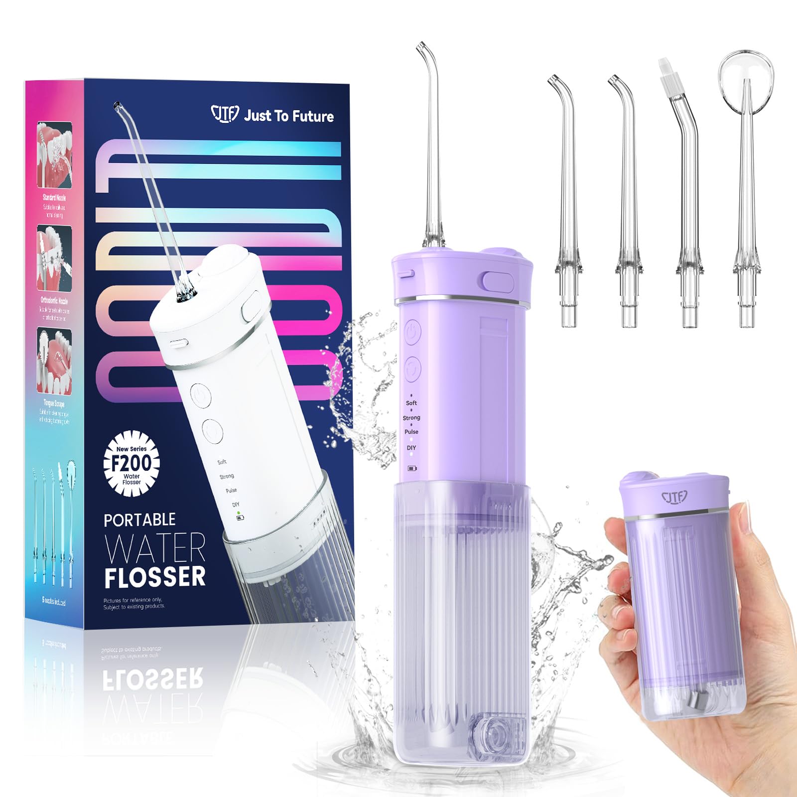 JTF Hydropulseur Jet Dentaire Portable Mini, Électrique Voyage Irrigateur Oral Detartreur Avec 5 Buses Rechange, 4 Modes Water Flosser, 230 ML Réservoir D'eau Escamotable, IPX7 Étanche(Violet)