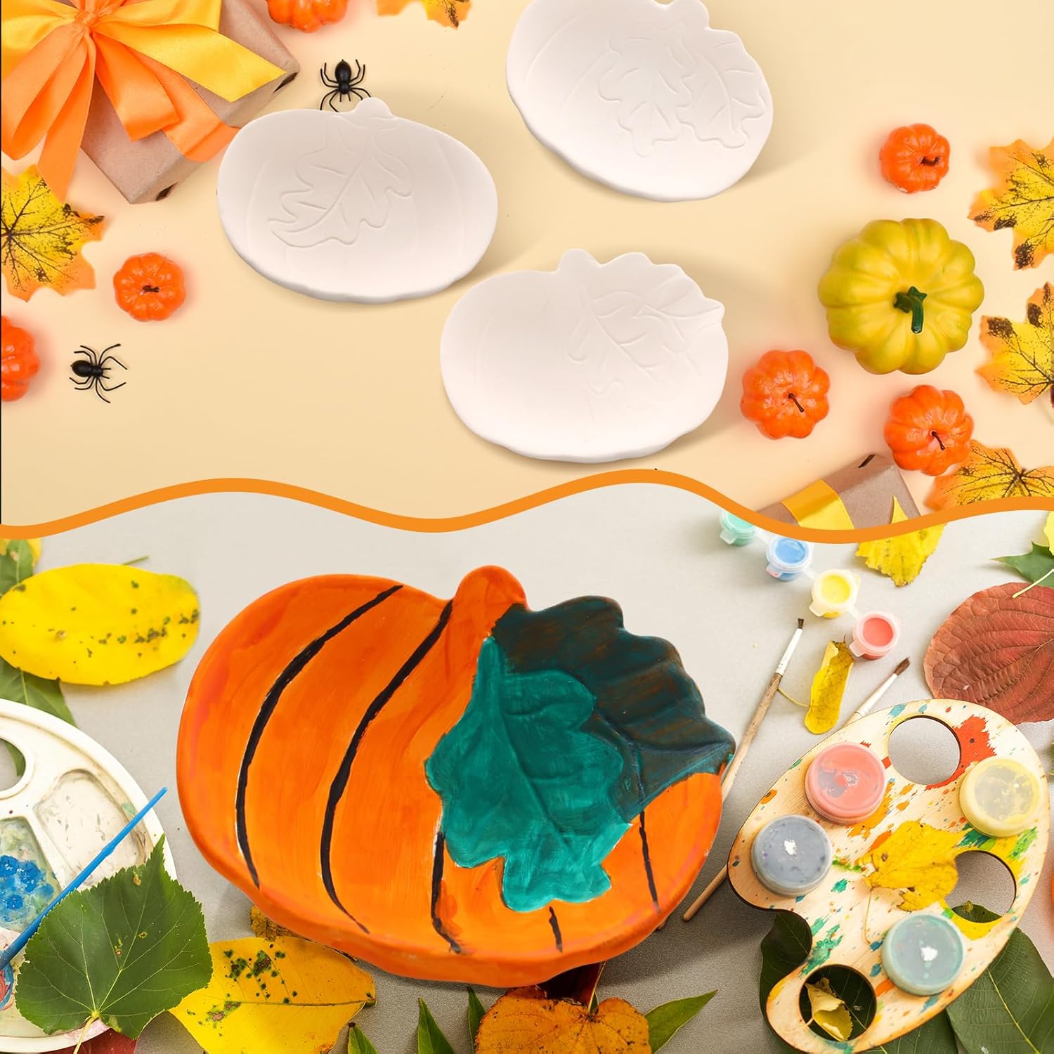 6 Set Fall Ceramic Pumpkin Bowls to Paint Craft Kit Halloween Unpainted Mini Ceramic Pumpkins Bowls with Paints and Brushes Ready to Paint for Thanksgiving Art Project Halloween Party Decoration