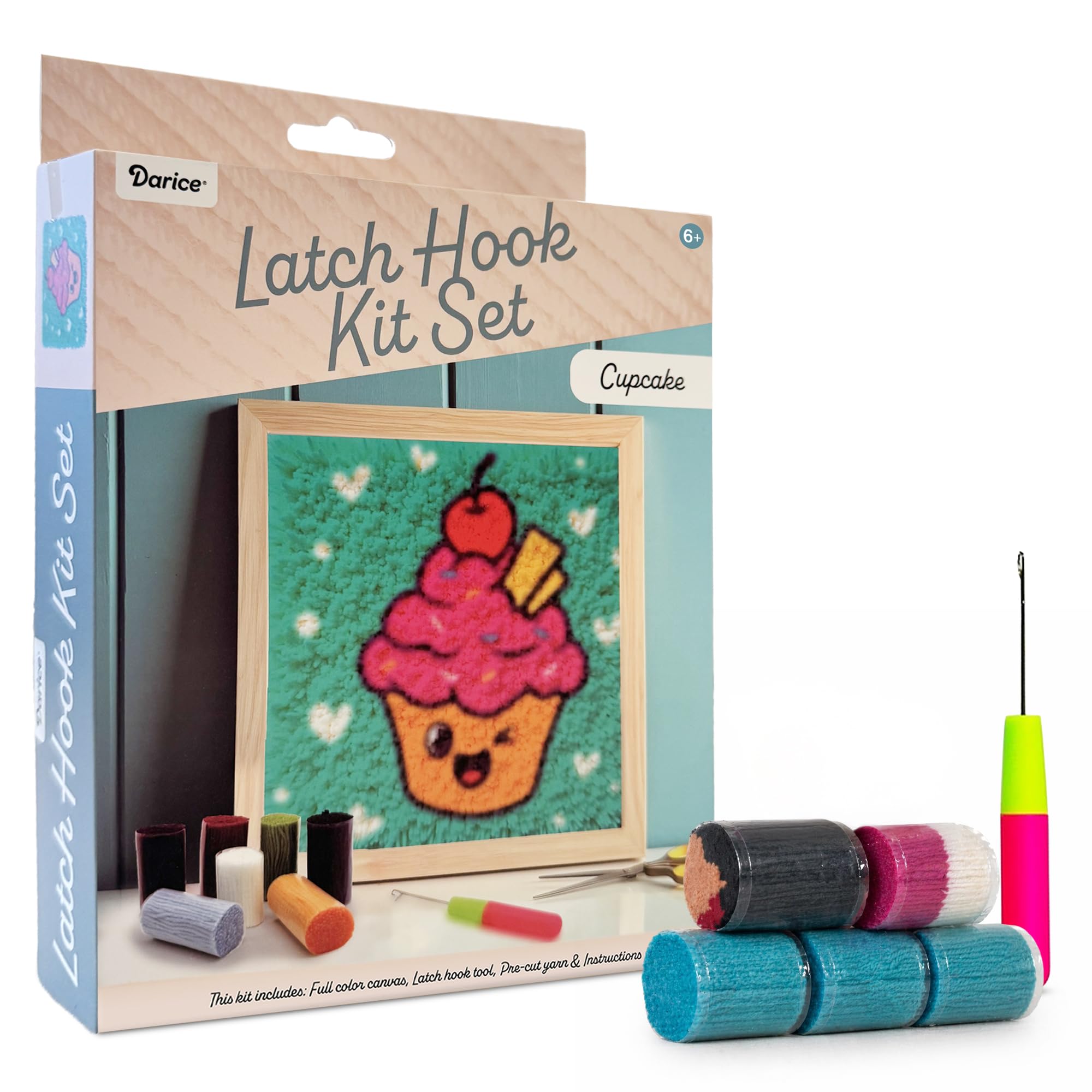 Darice Latch Hook Rug Kit, Cupcake Design DIY Latch Hook Kit for Kids &amp; Adults, Color Canvas, PreCut Yarn &amp; Hook Tool, Craft Activity &amp; Gift for Kids