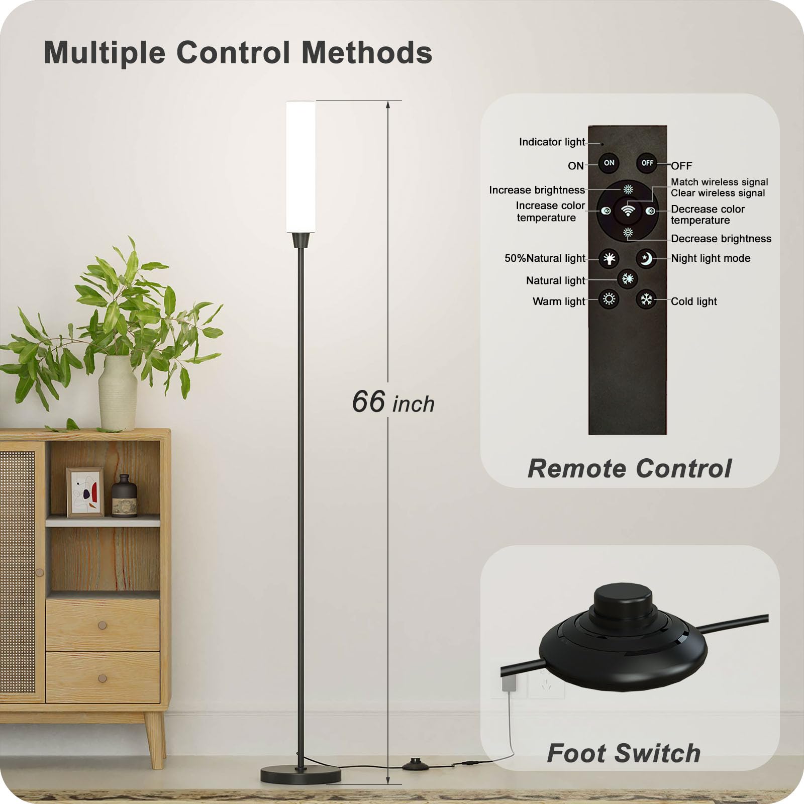 lampara de pie con control remoto，lampara pie salon，lampara de pie led regulable Brillo 10% - 100% y temperatura de color 3000k - 6000k，lámpara de pie con interruptor de pedal (negro)