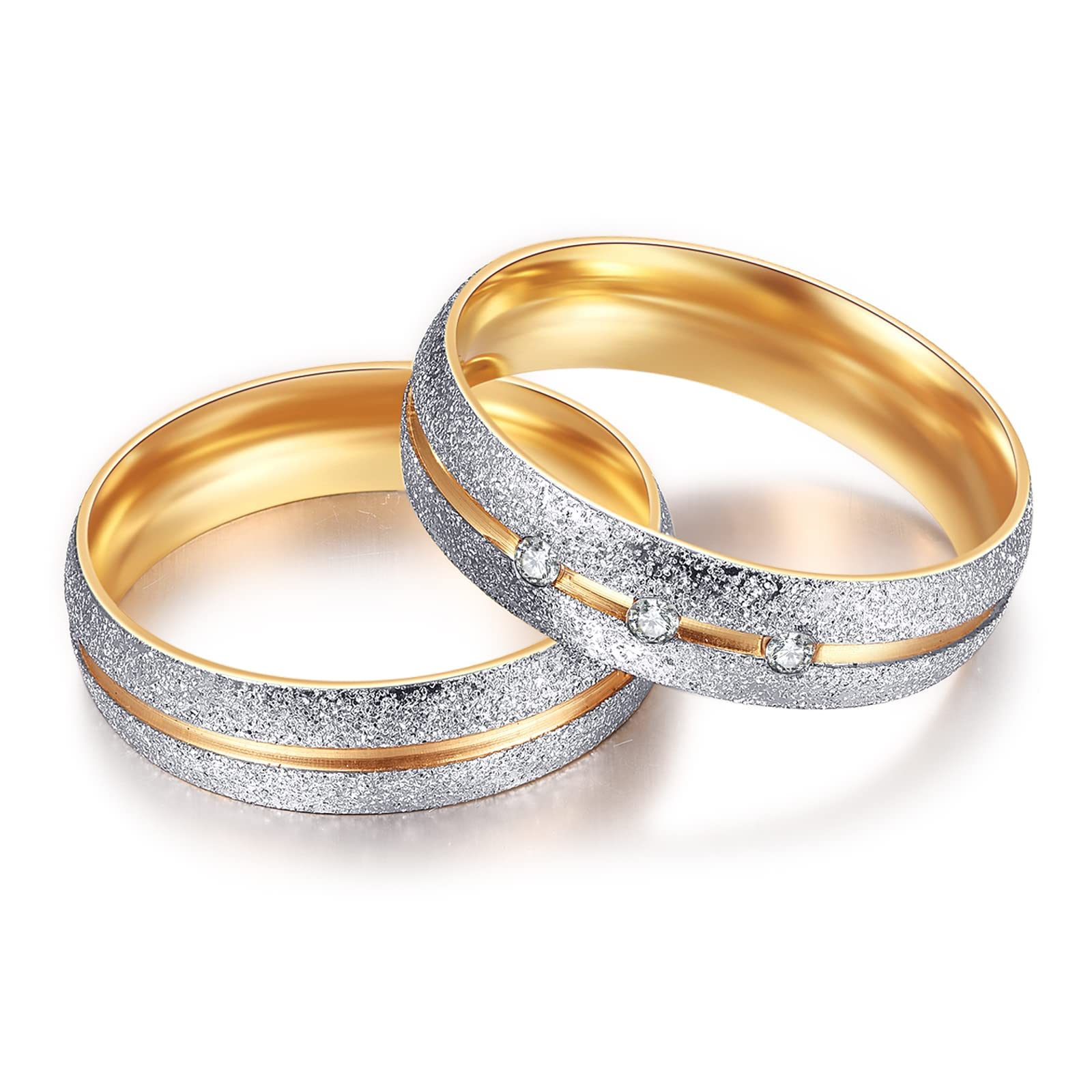 NUNCADCouple Rings Gold Silver Stainless Steel Wedding Band for Men Women Sandblast Finish Zircon Inlay Engagement Promise Ring 6mm Wide Comfort Fit Size L 1/2 to V 1/2