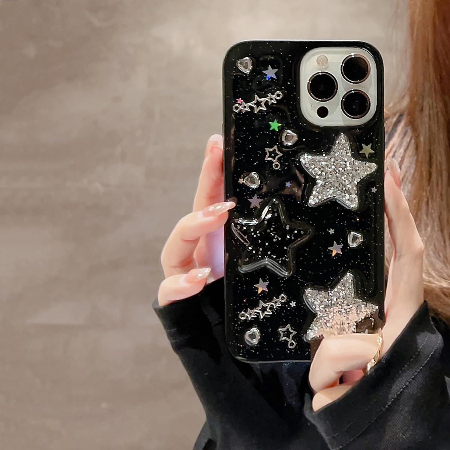 for iPhone 16 Pro Max Case Bling Stars 3D Hearts Diamond Twinkle Star Glitter Y2K Spark Luxury Girly Aesthetic Personalized Design for Women Girls Teens TPU Case, 6.9", Black - Image 2