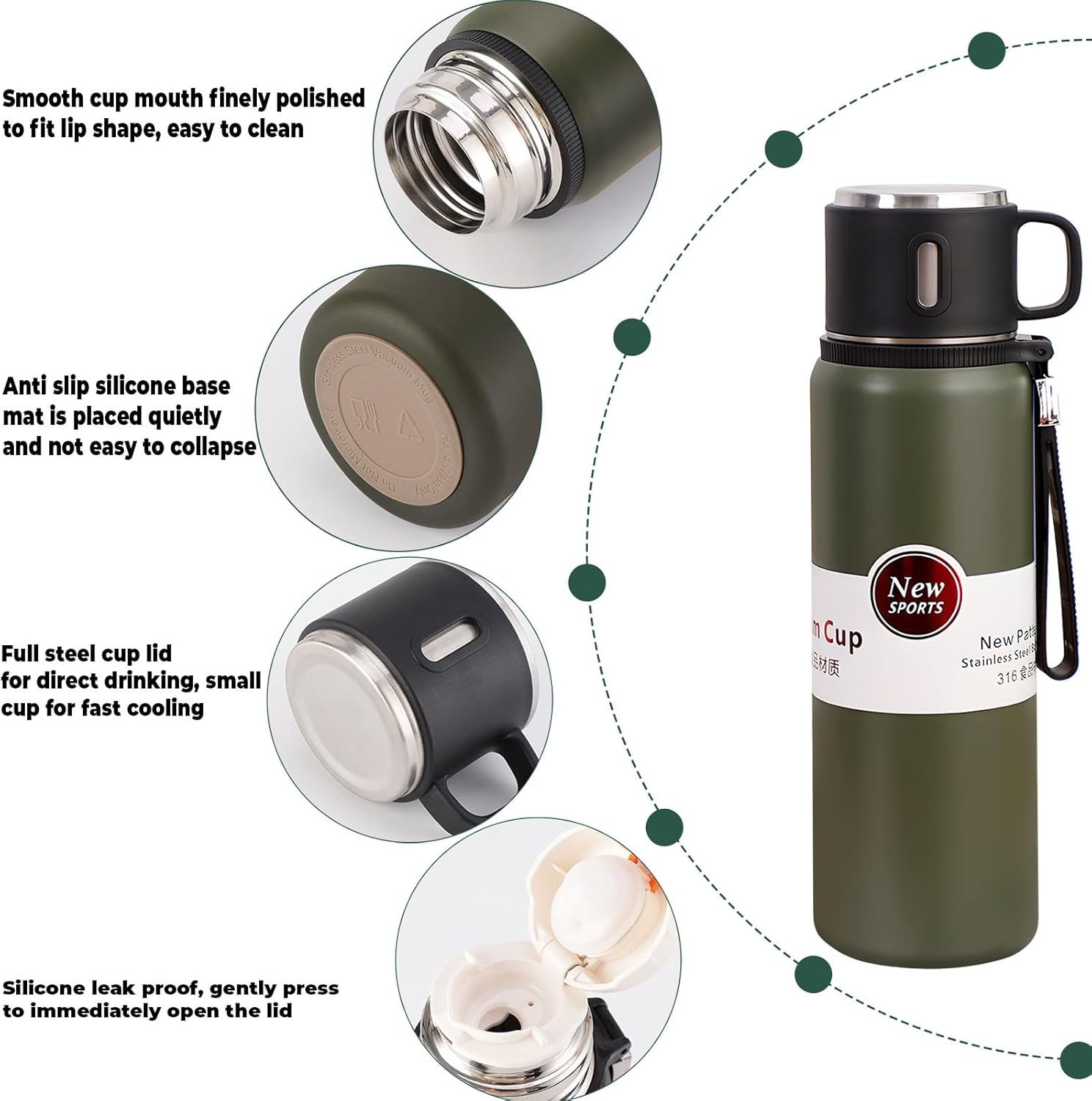 1000ml Double wall vacuum Leakproof stainless steel wide mouth insulated water bottle,tea tumbler with tea strainer infuser basket,cup and lid; travel coffee thermoses hot drinks,cold thermal flask