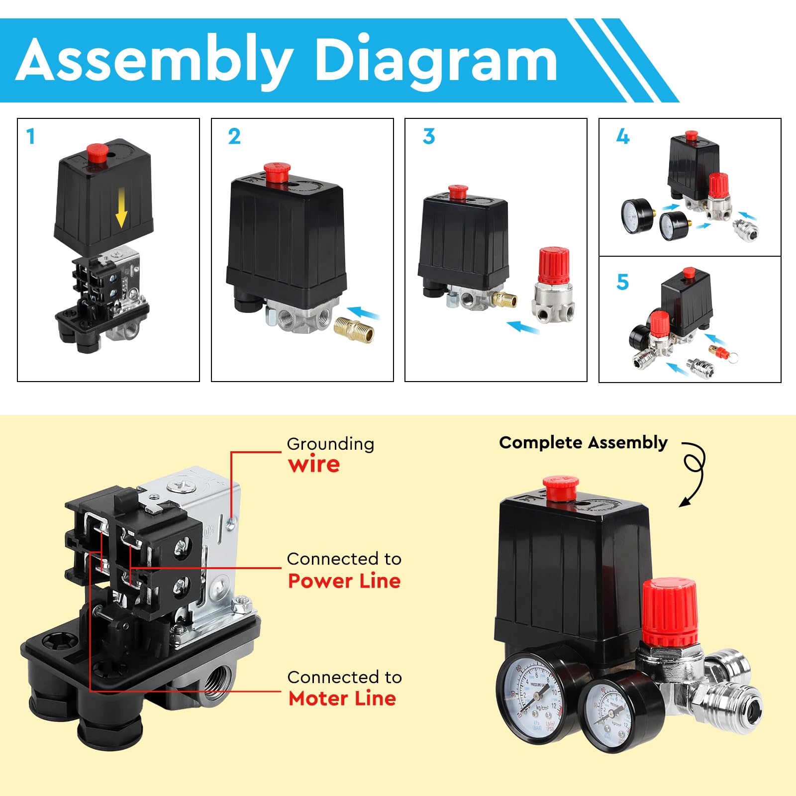 Pressostato Compressore Aria 220V - Regolatore Di Pressione Con Manometro E Valvola Di Sicurezza - Foto 9