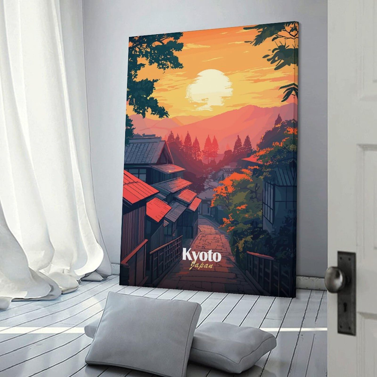 Junmoney Frame-Style-12 Canvas Wall Art Kyoto Sunset Landscape, 20X30inch(50X75cm), For Lounge, Study, Hallway Or Flat Walls, Canvas Wall Art That Fits Changing Layouts