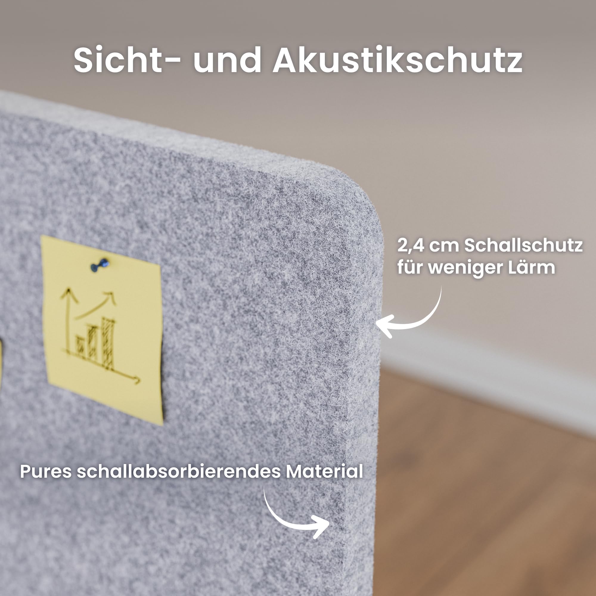 Ergotopia Focus Pure Akustik Trennwand Schreibtisch – effektiver Sichtschutz Büro – 180x60cm Tischtrennwand aus recyceltem PET – Schallschutz Schreibtisch & Tischaufsatz Büro mit Klemmmontage – Grau