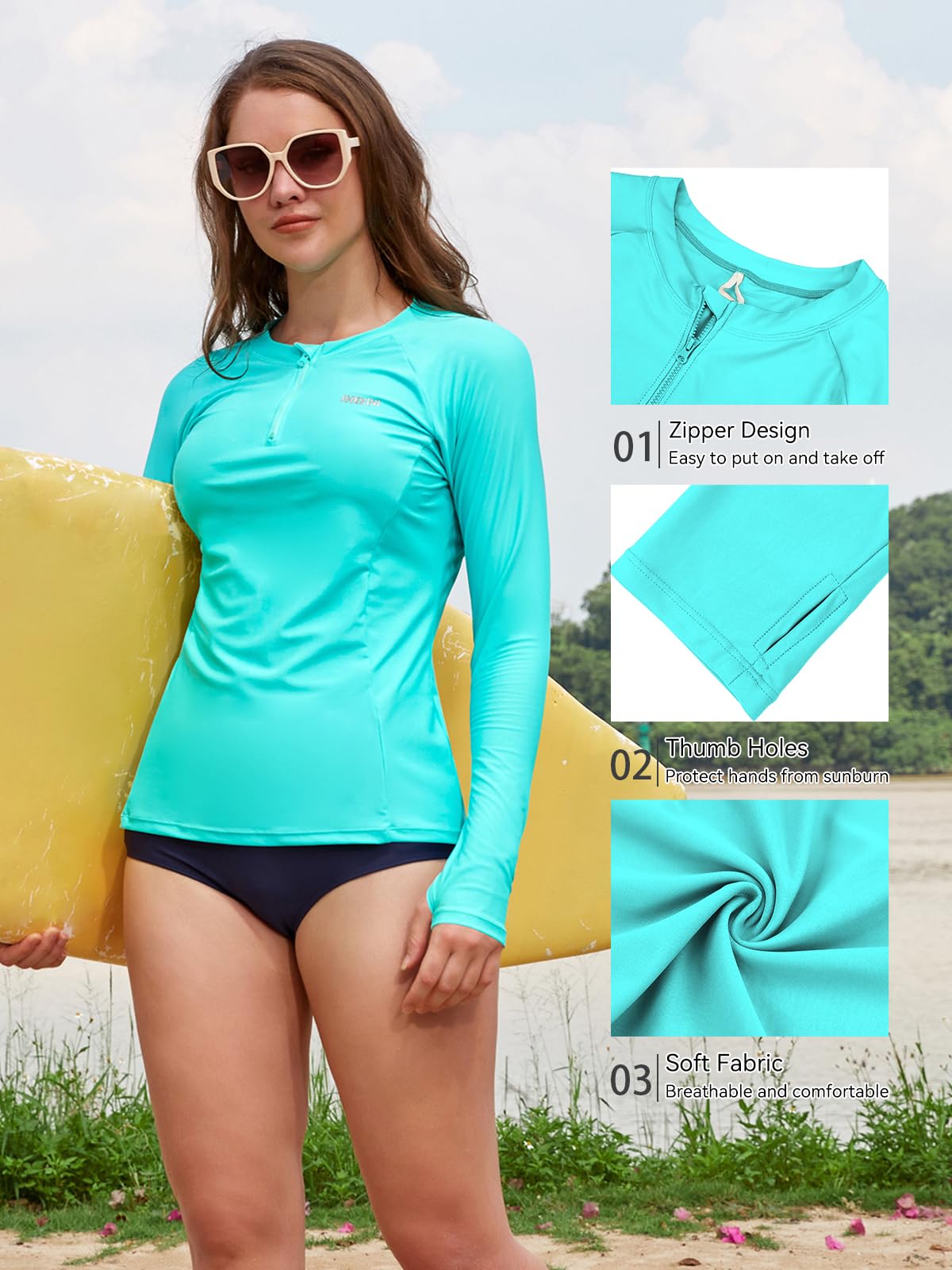 SHEKINI Camiseta de natación para mujer, con cremallera, manga larga, protección solar UV, UPF 50+, modesta camiseta de protección contra erupciones