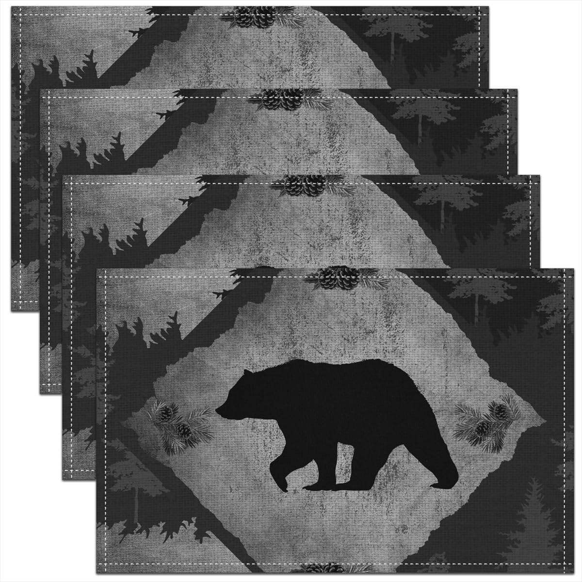 Lodge Cabin Place Mats Bear Jungle Wild Animal Black Silhouette Table Mats for Kids Teens Adults Pine Cones Trees Retro Grid Rustic Style Kitchen Mats