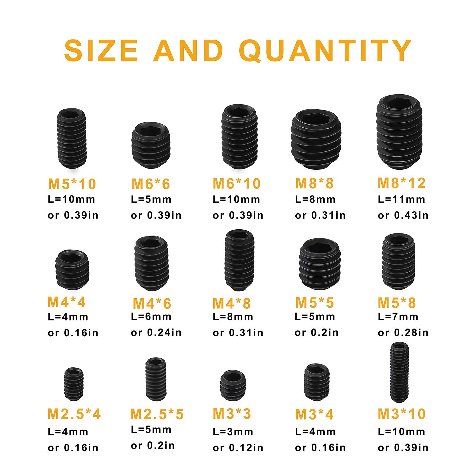 Viti Senza Testa Esagonale Assortimento Assortito Kit in Lega di Acciaio M2.5 M3 M4 M5 M6 M8 con Chiavi Allen Nero 300 Pezzi
