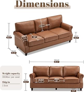 Kingfun Mid-Century Modern Couch, Faux Leather Sofa, 3 Seater Couch for Living Room with Rolled arms & Nailhead Trim, Brown