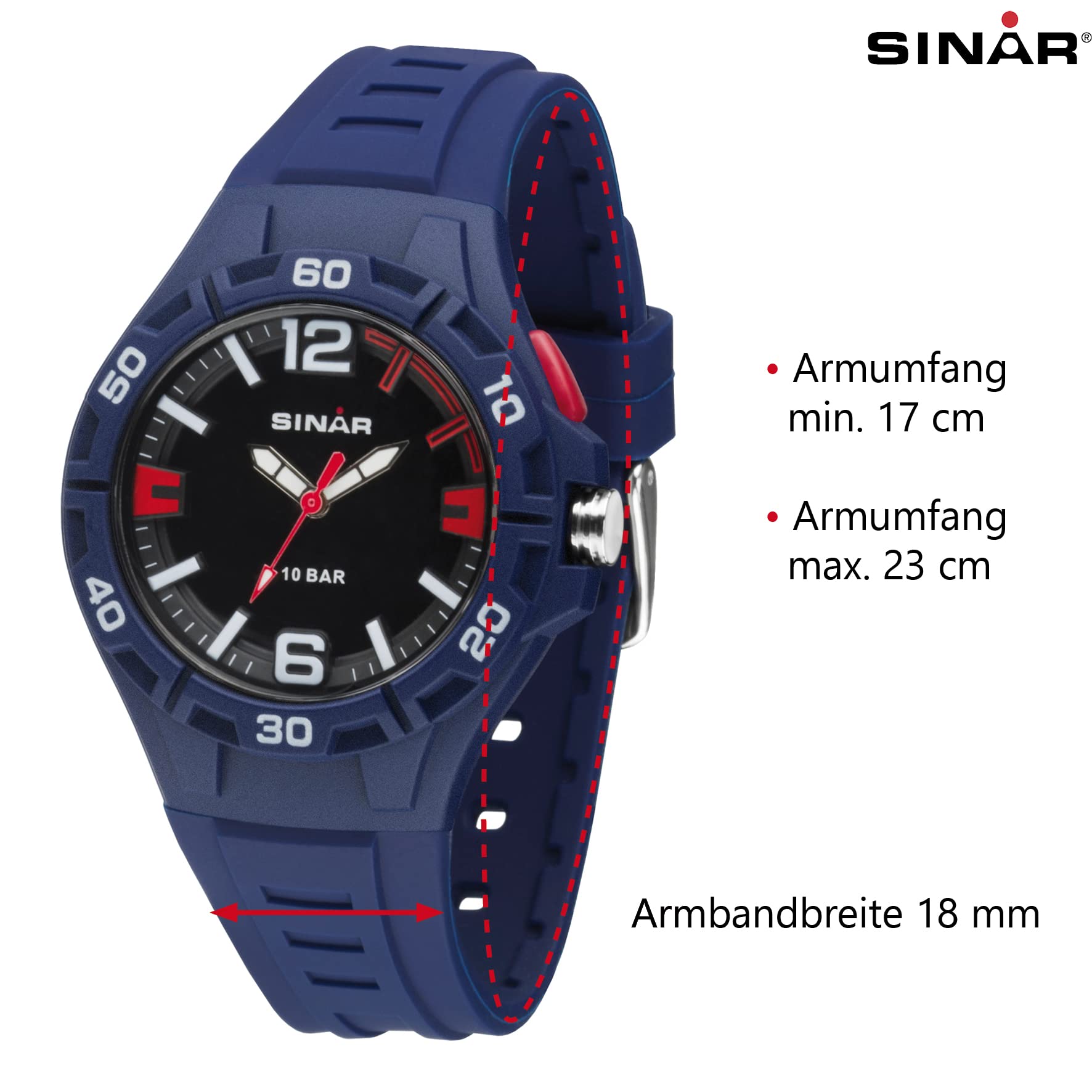 SINAR Jungen-Armbanduhr Jugenduhr Sportuhr Outdoor Fitness Analog Quarz 10 bar mit Licht Dunkelblau Rot XB-37-2