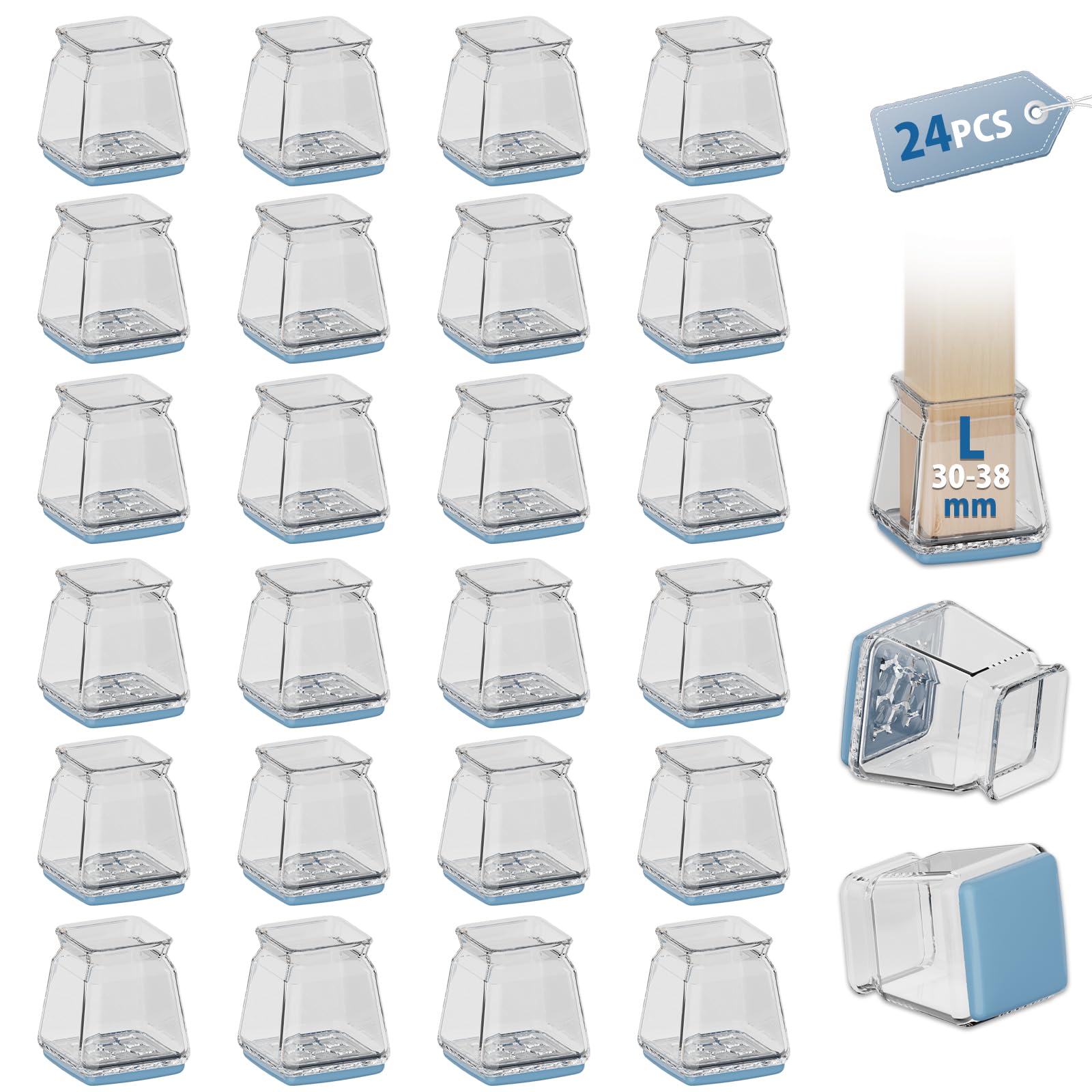 24 Pcs Square Blue Chair Leg Floor Protectors, Anti-Scratch Rubber Feet Caps for Chair Table Sofa Legs, Chair foot glide carpet protector, Protect Wooden Floors and Reduce Noise(Fit:30-38mm)