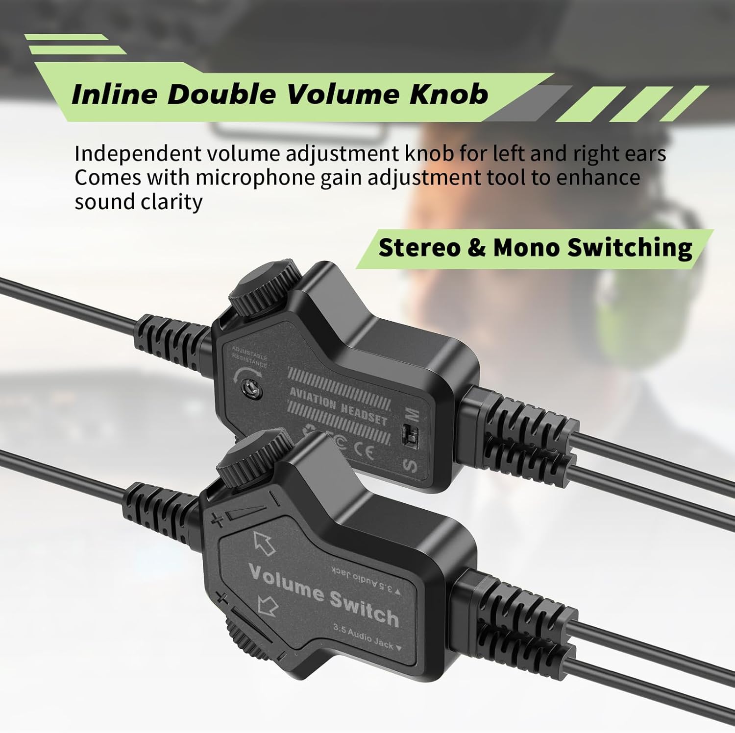 WODASEN General Aviation Headset GA Dual Plug Pilot Headsets with Boom Mic Aircraft Airplane Noise Cancelling Ear Protection Headphones Flight Student Earmuff (Light-Green)