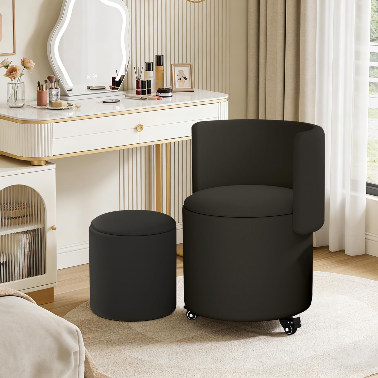 Rollbarer Kosmetikstuhl mit Stauraum, drehbarer Make-up-Stuhl mit klappbarer Rückenlehne, kleine gepolsterte Ottomane aus PU-Leder für Schlafzimmer und Wohnzimmer