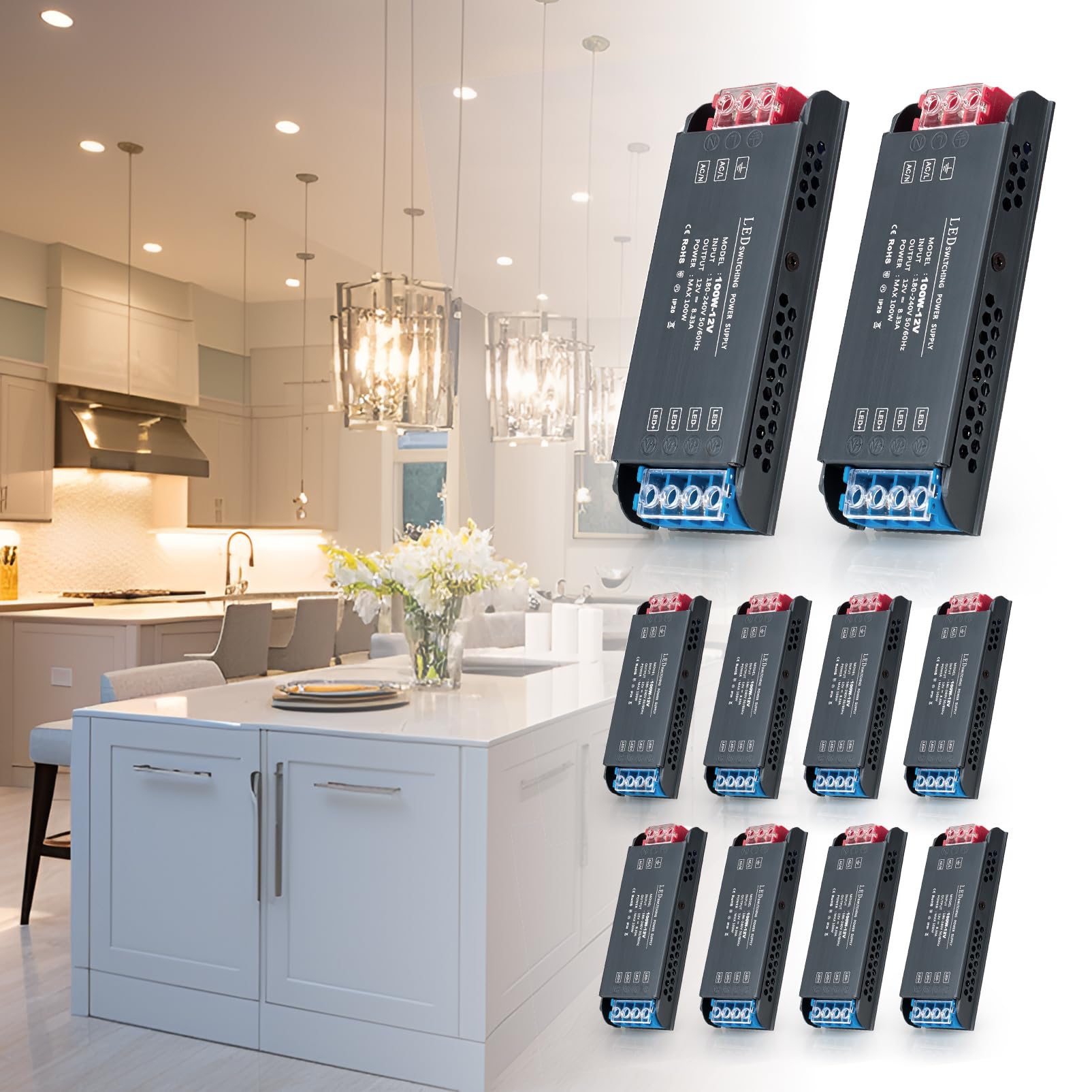 LED Trafo 12V 100W Treiber Netzteil, BRIMETI Schaltnetzteil Transformator 8,3A AC 230V auf DC 12 Volt, Kompakter Extrem Konstantspannung Dünner Niedervolttrafo für LED Lampen (10 Stück)