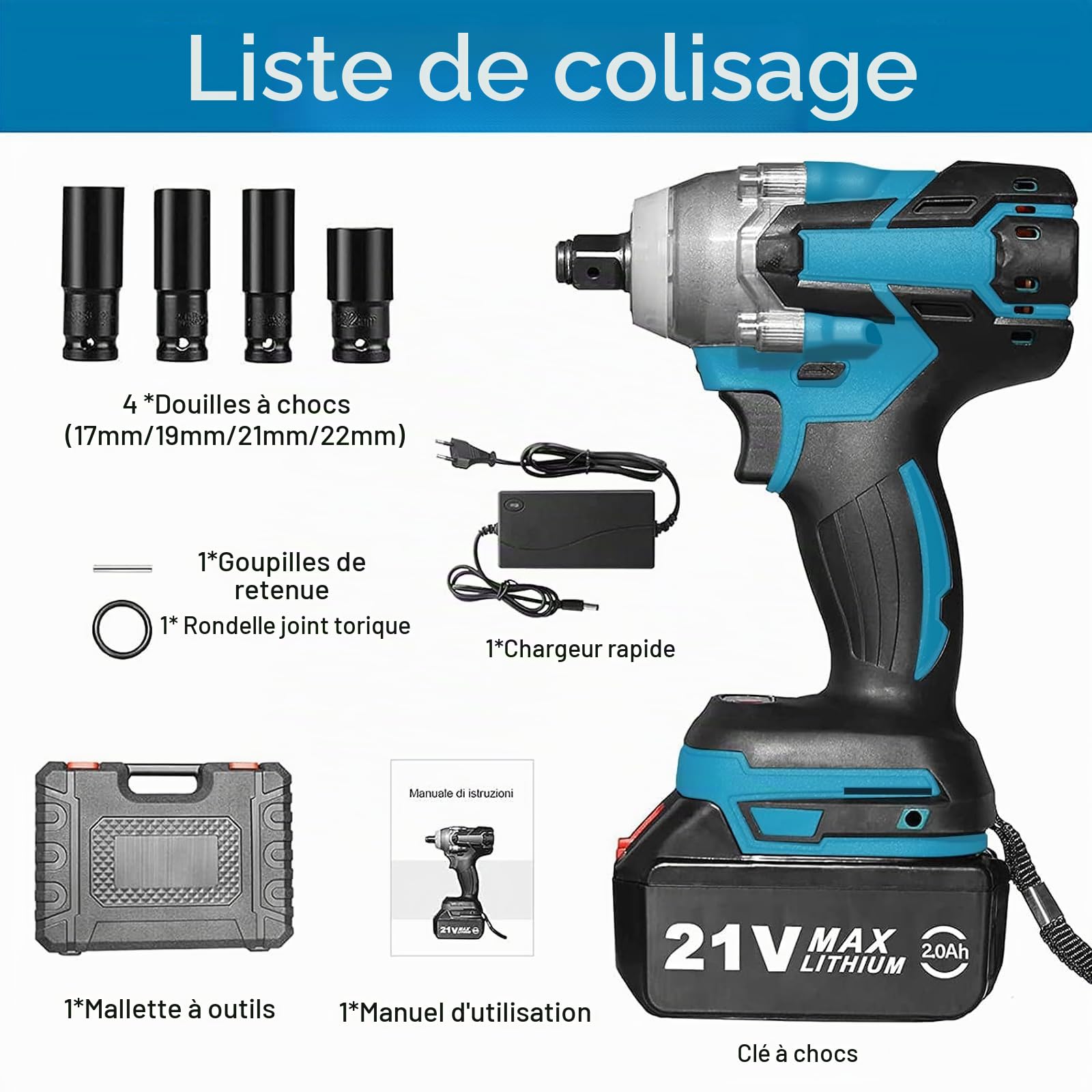 Clé à Chocs électriques,320 N·m Clé à Chocs Sans Fil Brushless avec 2.0Ah Batterie 21V 4 Douilles à Chocs (17 mm/19 mm/21 mm/22 mm)，Pour le changement de pneus, le serrage et le démontage de boulons