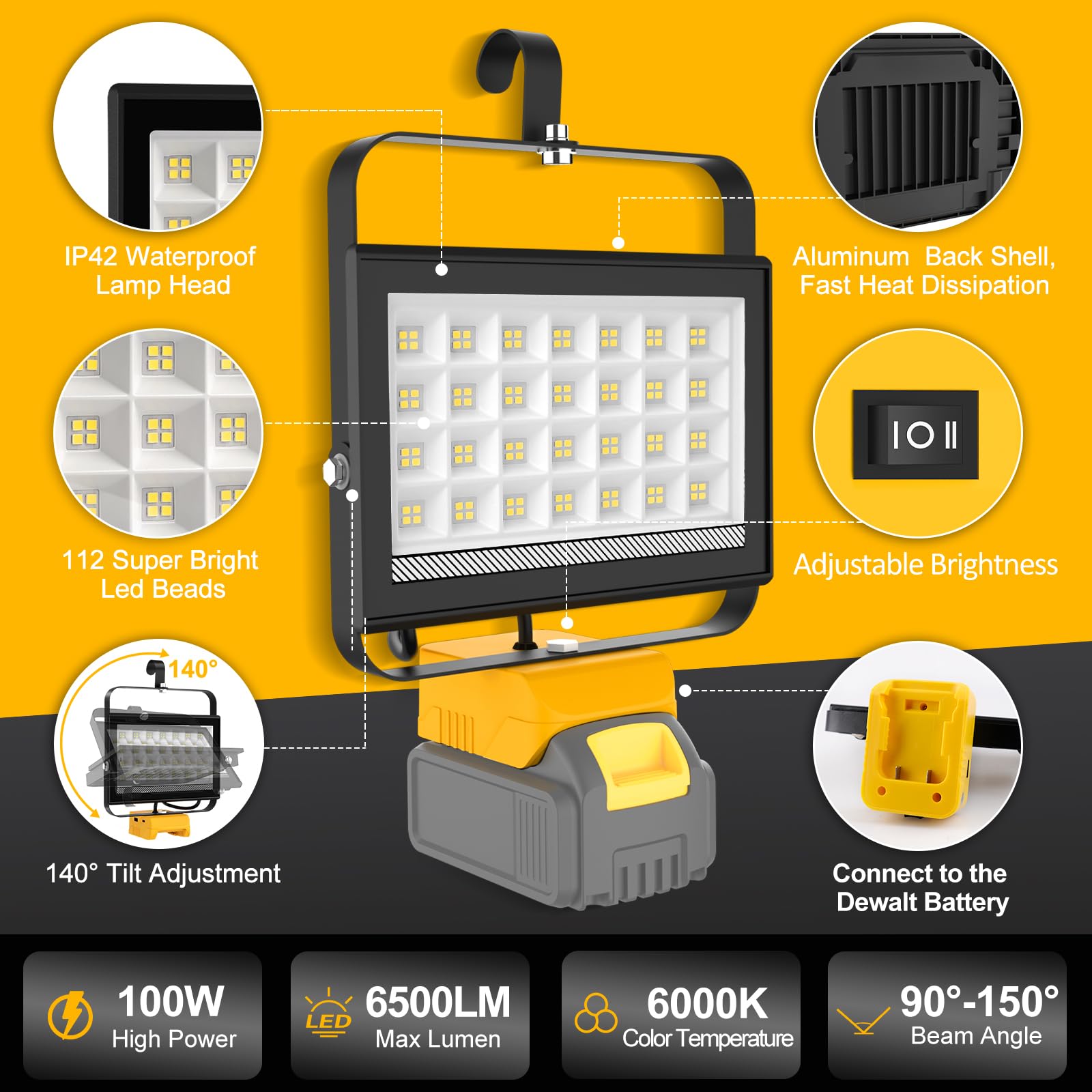 Projecteur LED Rechargeable pour Dewalt 18V/20V Batterie,100W 6500LM Projecteur LED Chantier Portable, Lampe LED avec Charge Type C & USB pour Camping, Chantier, Garage, Atelier(Sans Batterie)
