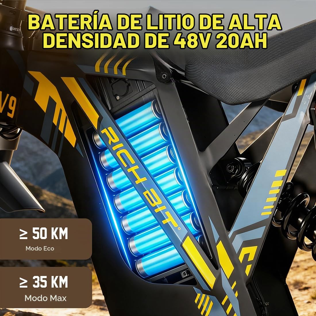 V9 Ultra Bicicleta Eléctrica para Adultos, E-Bike Todo Terreno de 17", Batería 48V 20Ah, Frenos Hidráulicos Delanteros y Traseros, Autonomía 60km, Doble Suspensión de Alta Gama
