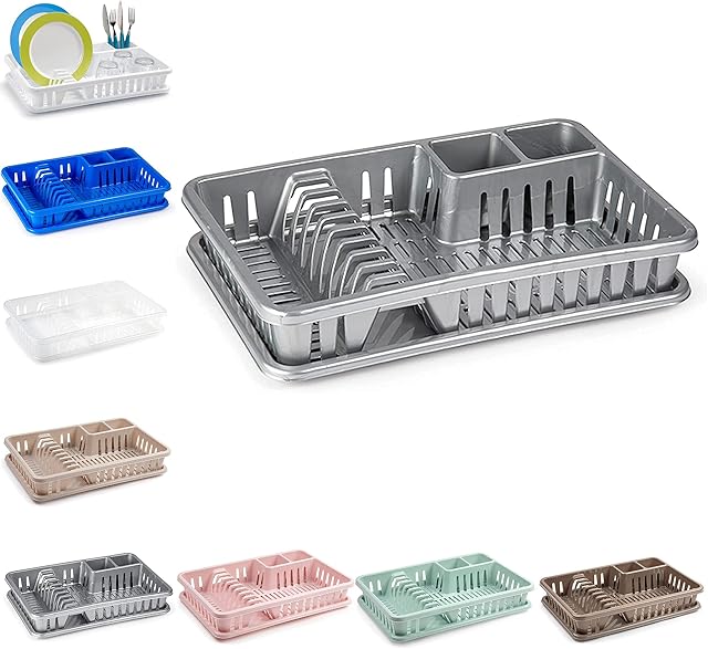 plastific Plastic Dish Drainer Plate Cutlery Rack Kitchen Sink Utensil Draining Cup Holder (45 x 29.7 x 8cm, Silver)