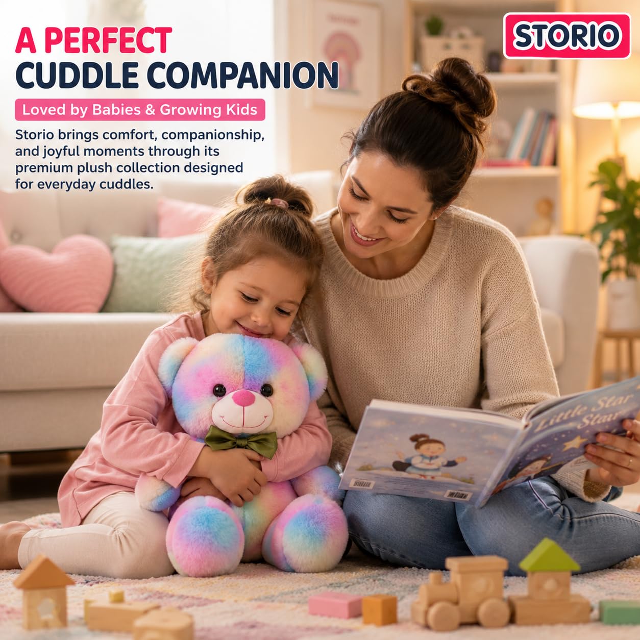Storio Rainbow Plush Teddy Bear 30 cm – Soft Stuffed Animal Toy with Pastel Fur & Green Bow – Cute Cuddly Gift for Kids, Babies, Girls & Boys 3