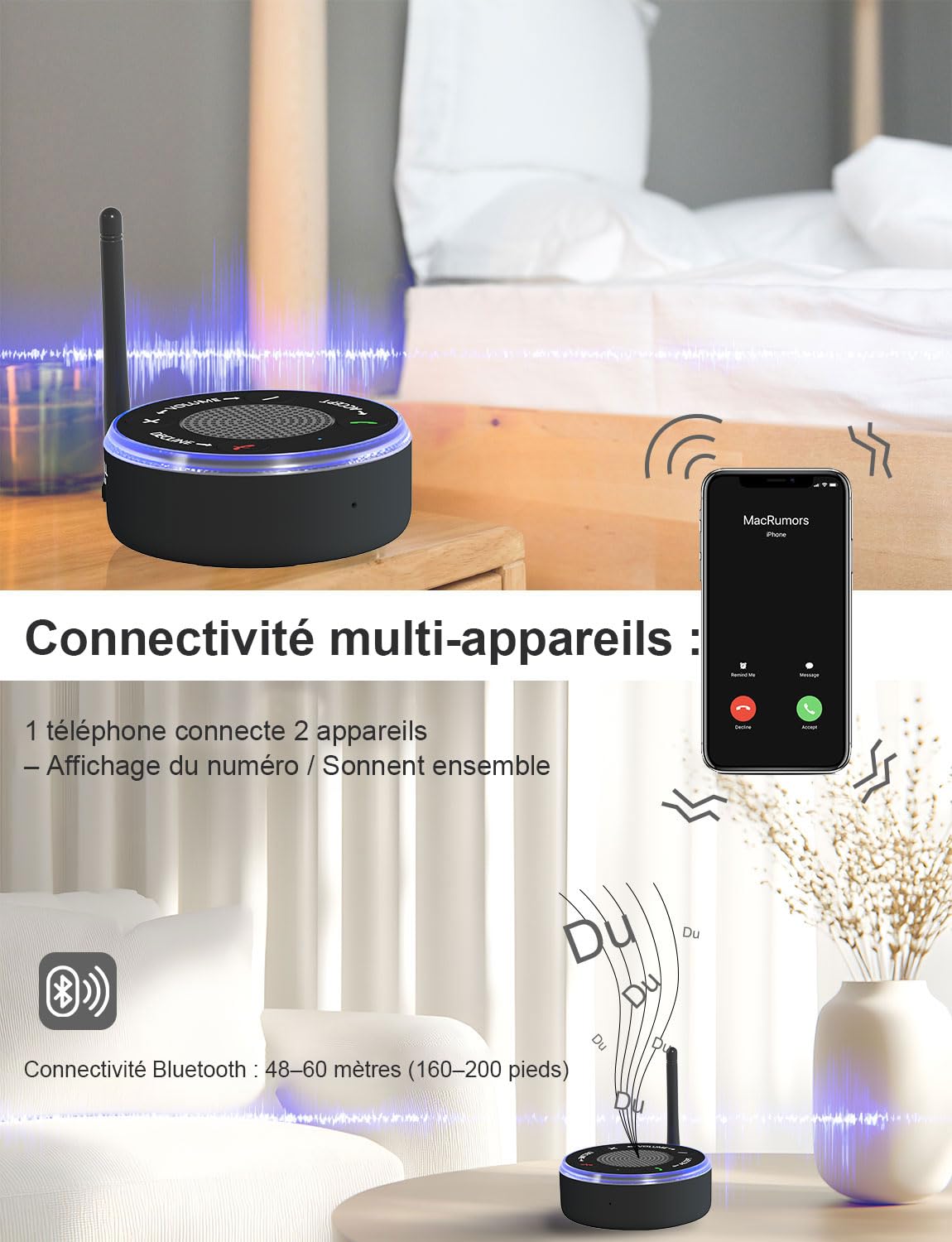 Amplificateur d'appel avec flash 110dB pour seniors et malentendants - Bluetooth, 3 modes, réponse directe depuis l'amplificateur