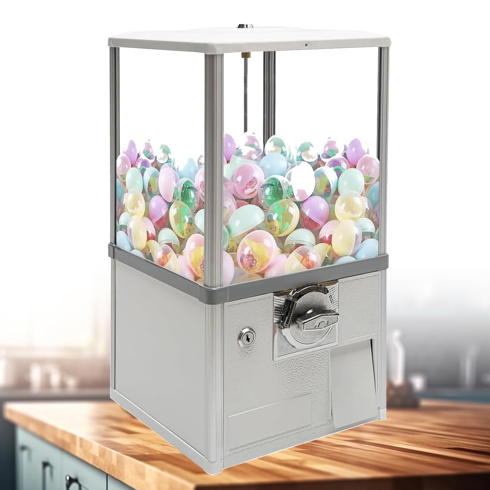 Gumball Machine,Candy Vending Machine with Locks,Rotatable Four Compartments Square Candy Vending Machine for Game Stores and Retail Stores Vintage Style,White