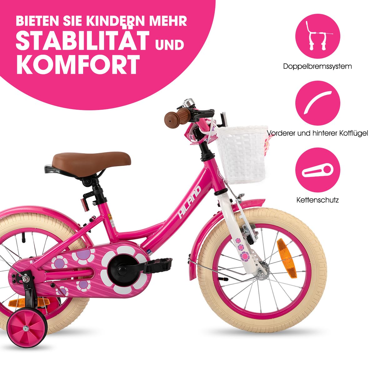 HILAND Petal 12/14/16 Zoll Kinderfahrrad für Mädchen, mit Vorderhandbremse & Rüicktrittbremse, Mädchenfahrrad mit Stützrädern, Kinderfahrrad Mit Korb und Schutzblechen, Rosa/Lila/Weiß