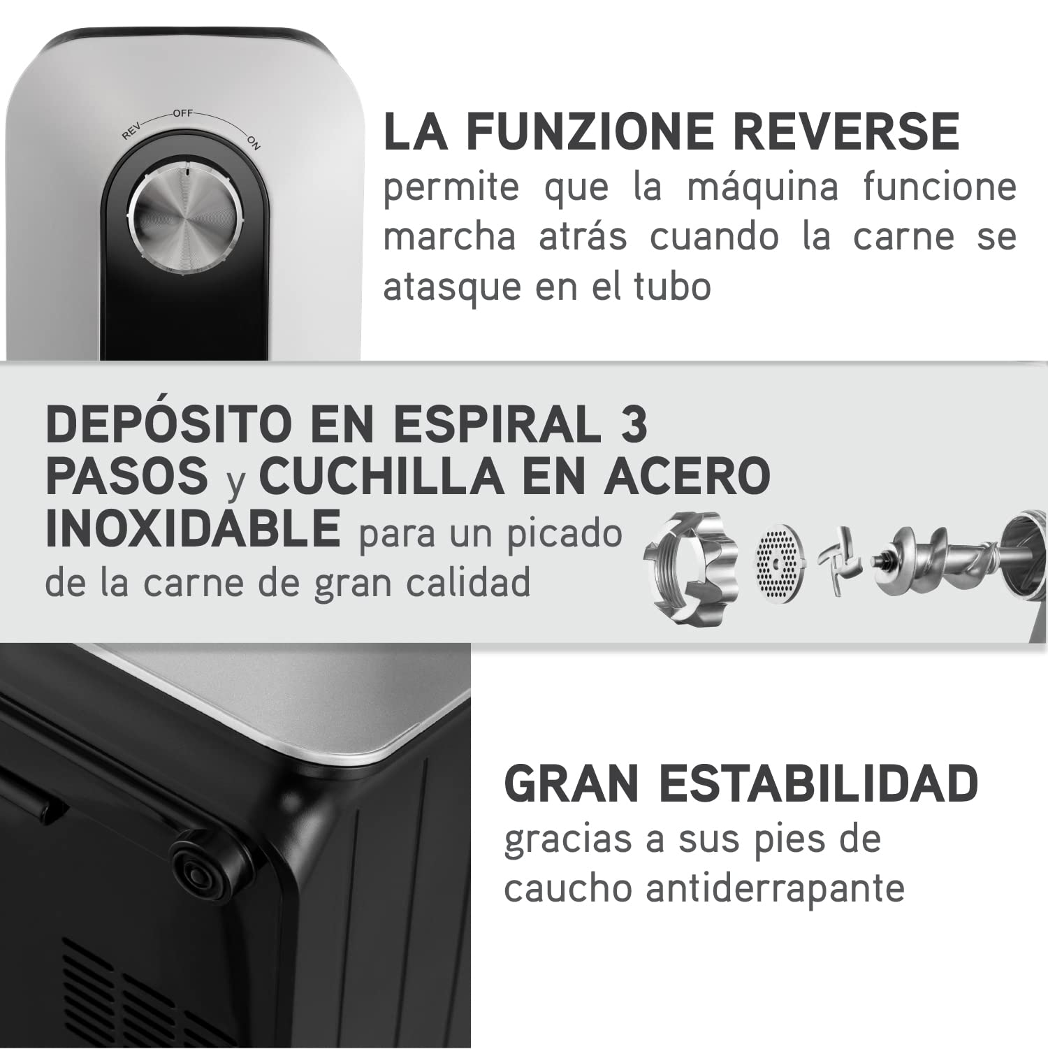 Picadora de Carne Eléctrica 1500W (Negro) - Para Carne y Salchichas - Robot Cocina, Picador de Carne con 3 Placas de Corte y 3 Boquillas para Salchichas - Picadora Profesional