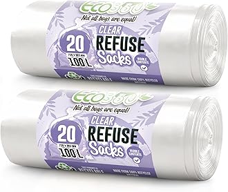 EcoBag - 40 Pack Refuse Sacks - 100L - 22 Microns - Heavy Duty, Leak Resistant Recyclable Bin Bags, Eco-Friendly, Durable Waste Disposal Bags for Household & Commercial Use (736 x 965mm)