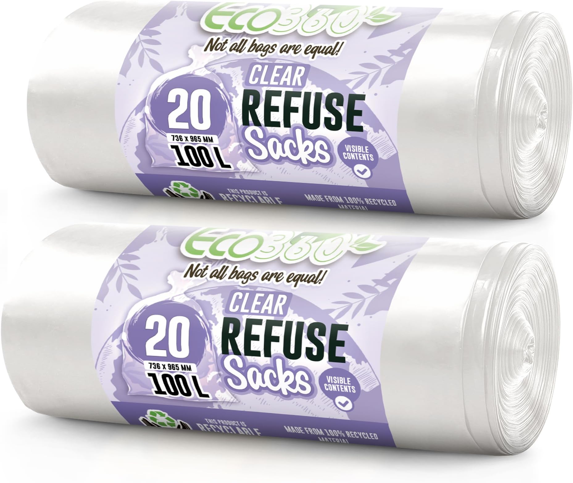 EcoBag - 40 Pack Refuse Sacks - 100L - 22 Microns - Heavy Duty, Leak Resistant Recyclable Bin Bags, Eco-Friendly, Durable Waste Disposal Bags for Household & Commercial Use (736 x 965mm)