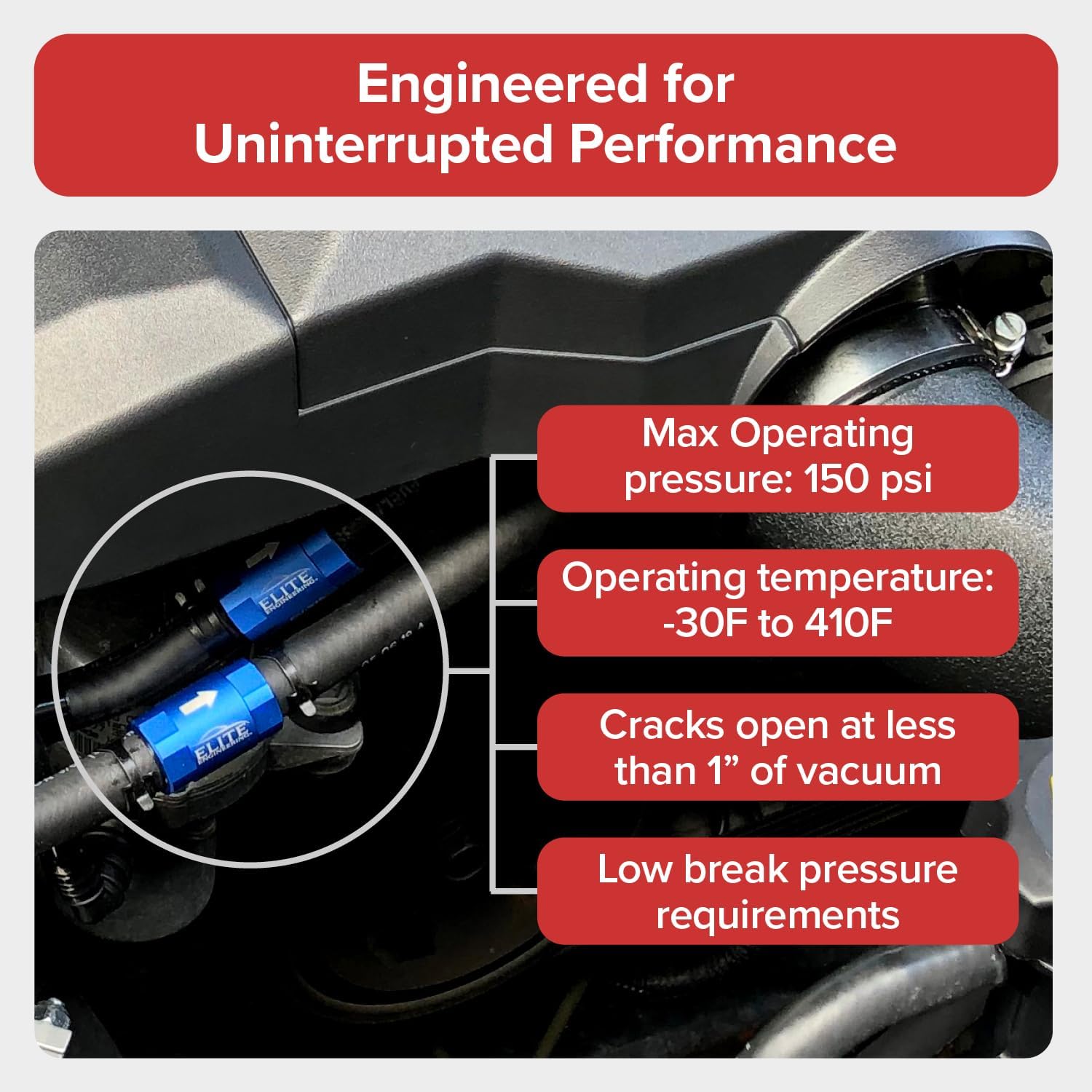 Elite Engineering - 3/8" (10mm) High Flow Check Valve - One-Way Automotive Fuel Check Valve - Hose Barb Ends - High Temperature and Pressure - Black Anodized Aluminum
