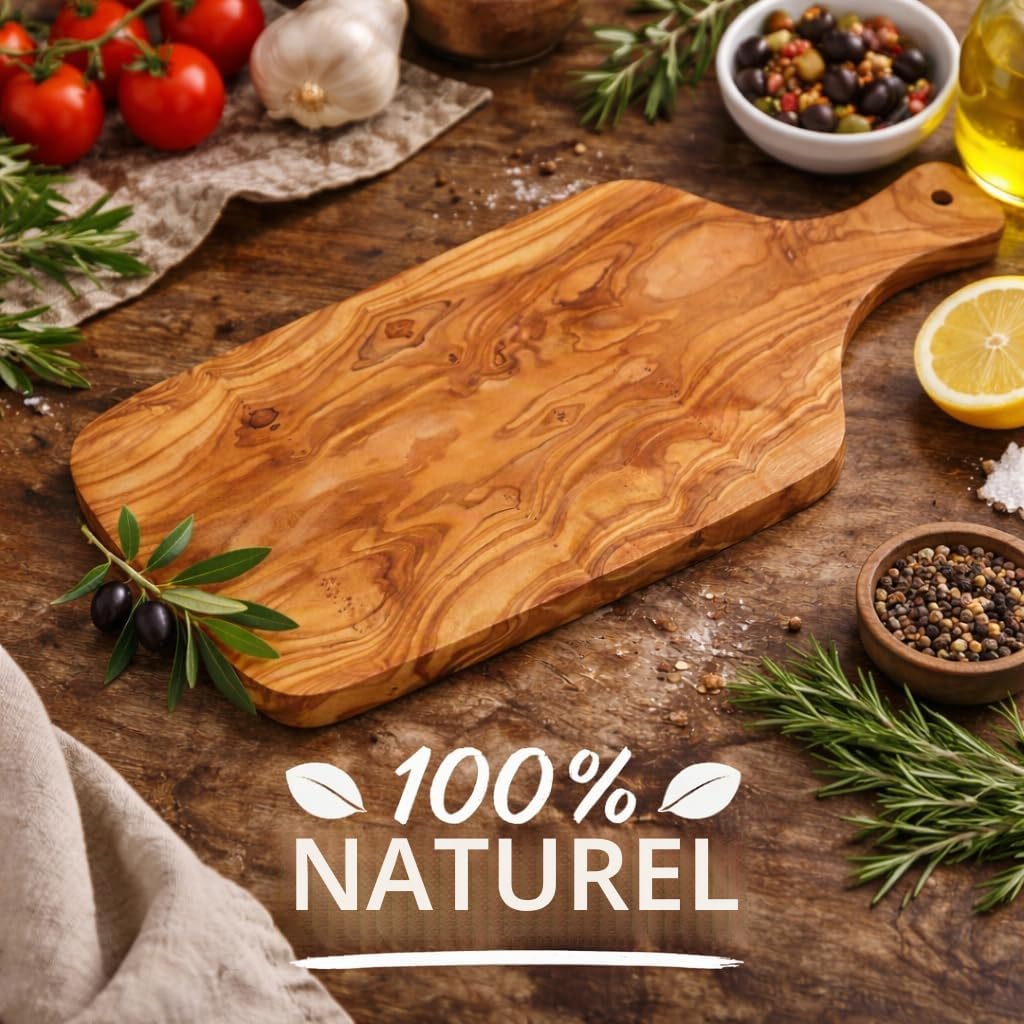 Planche à Découper Artisanale avec Poignée en Bois d'Olivier Naturel - Fabriquée à la Main - 40 cm