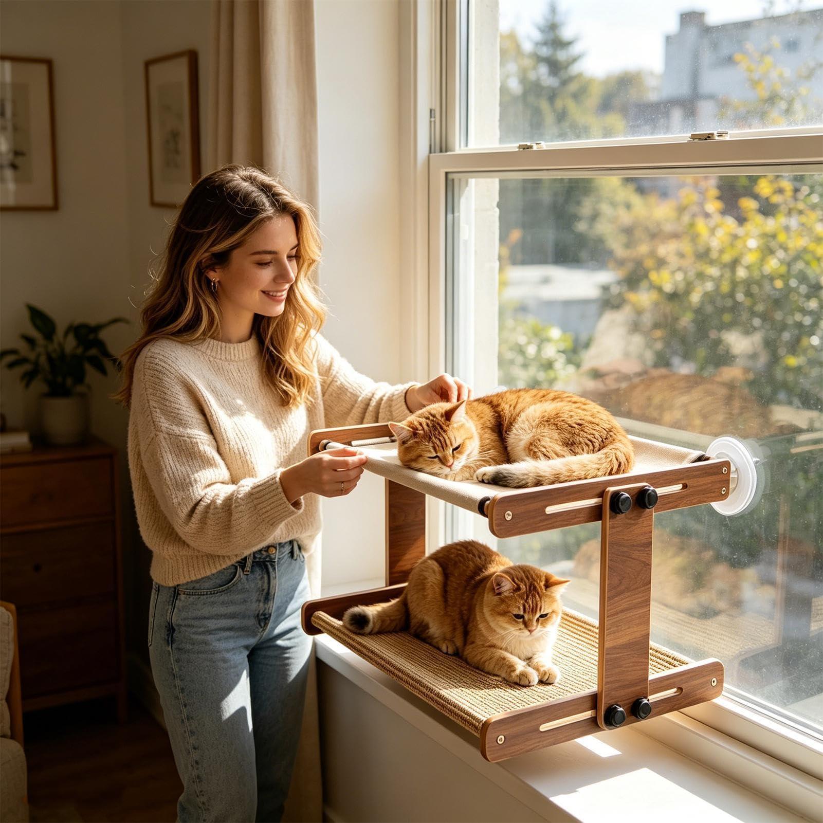 Amaca Finestra per Gatto Spazio Riposo A Ventose | Posatoio per gatti traspirante regolabile per interni comodini balcone terrazza appartamento gioco