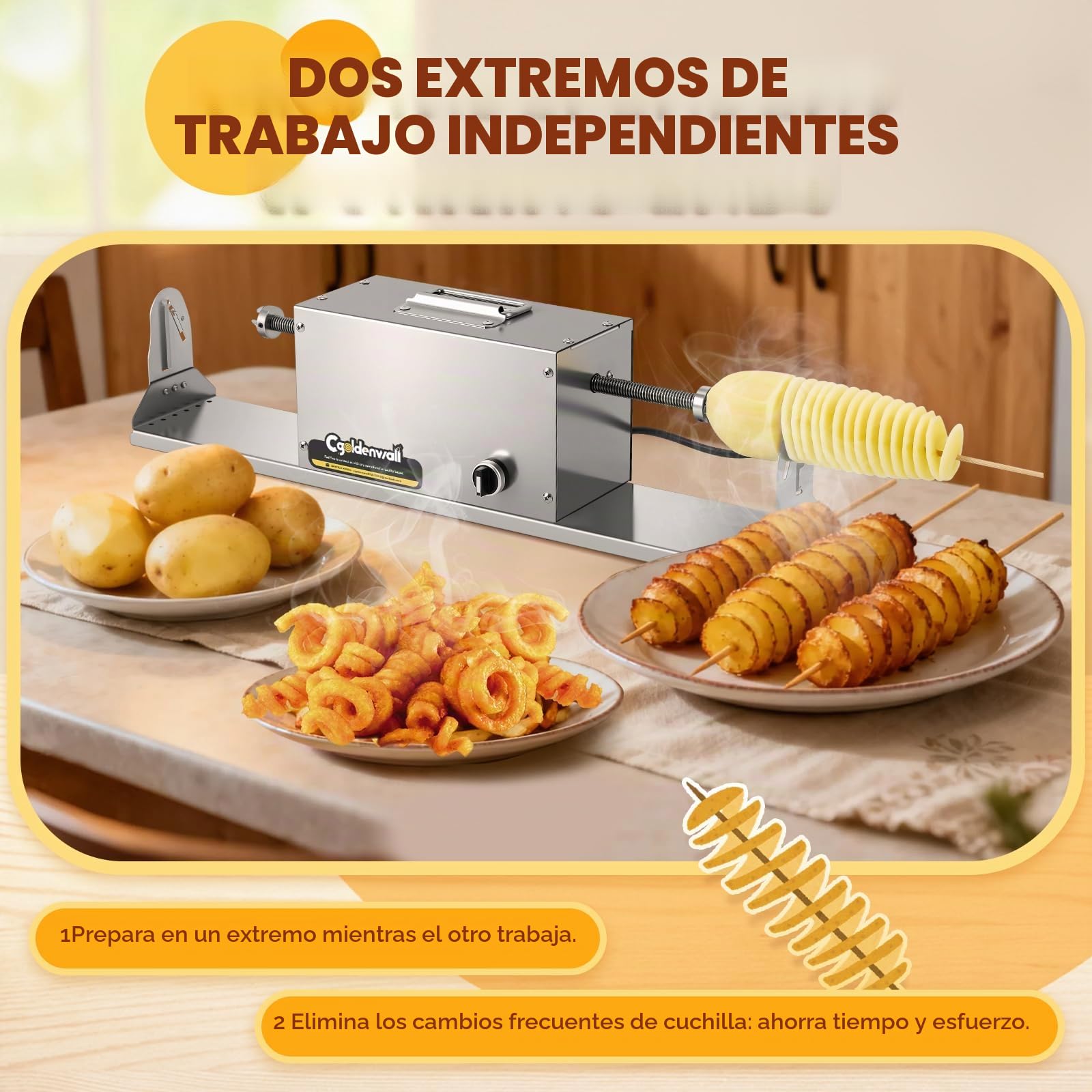 CGOLDENWALL Cortador de Patatas en Espiral Eléctrico, Máquina de Torre de Patatas de Acero Inoxidable para Fritas Rizadas y Chips Tornado, Zanahorias, Verduras, Frutas, Pepinos